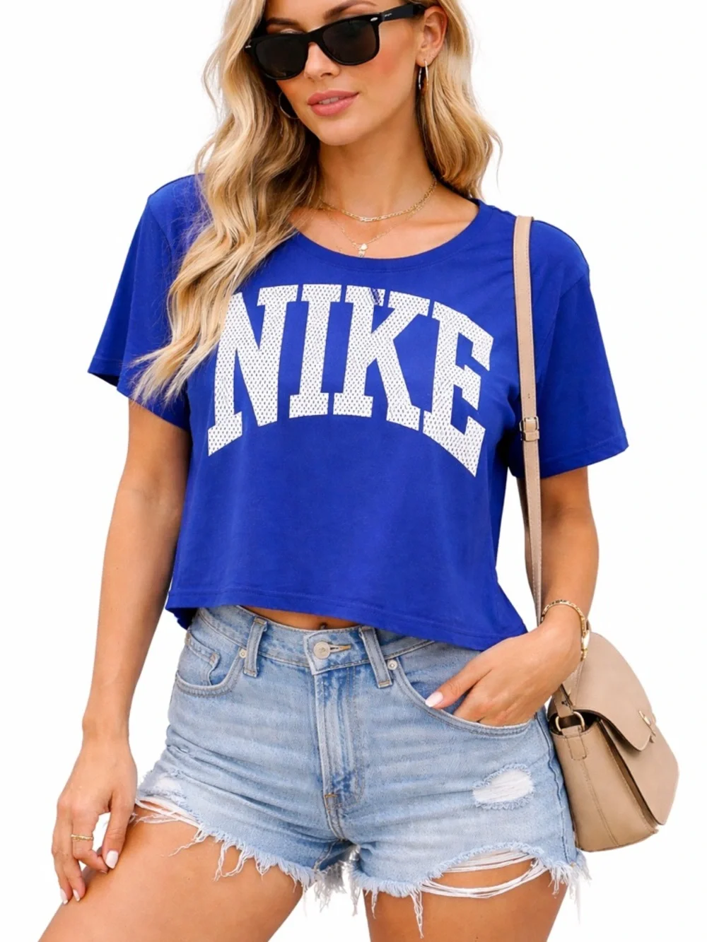 Nike Cropped Big Logo Retro Tee Cobalt Blue Mesh Graphic Oversized S